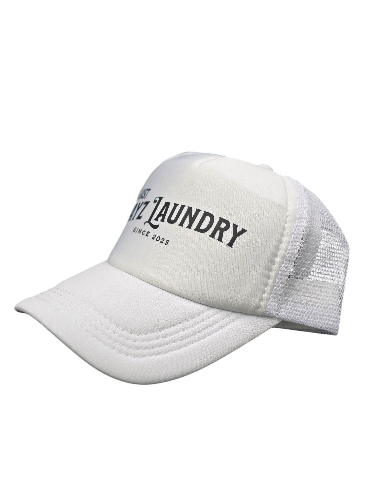 Last Dayz Laundry White Foam Trucker Hat with Black Lettering a Christian Clothing Brand