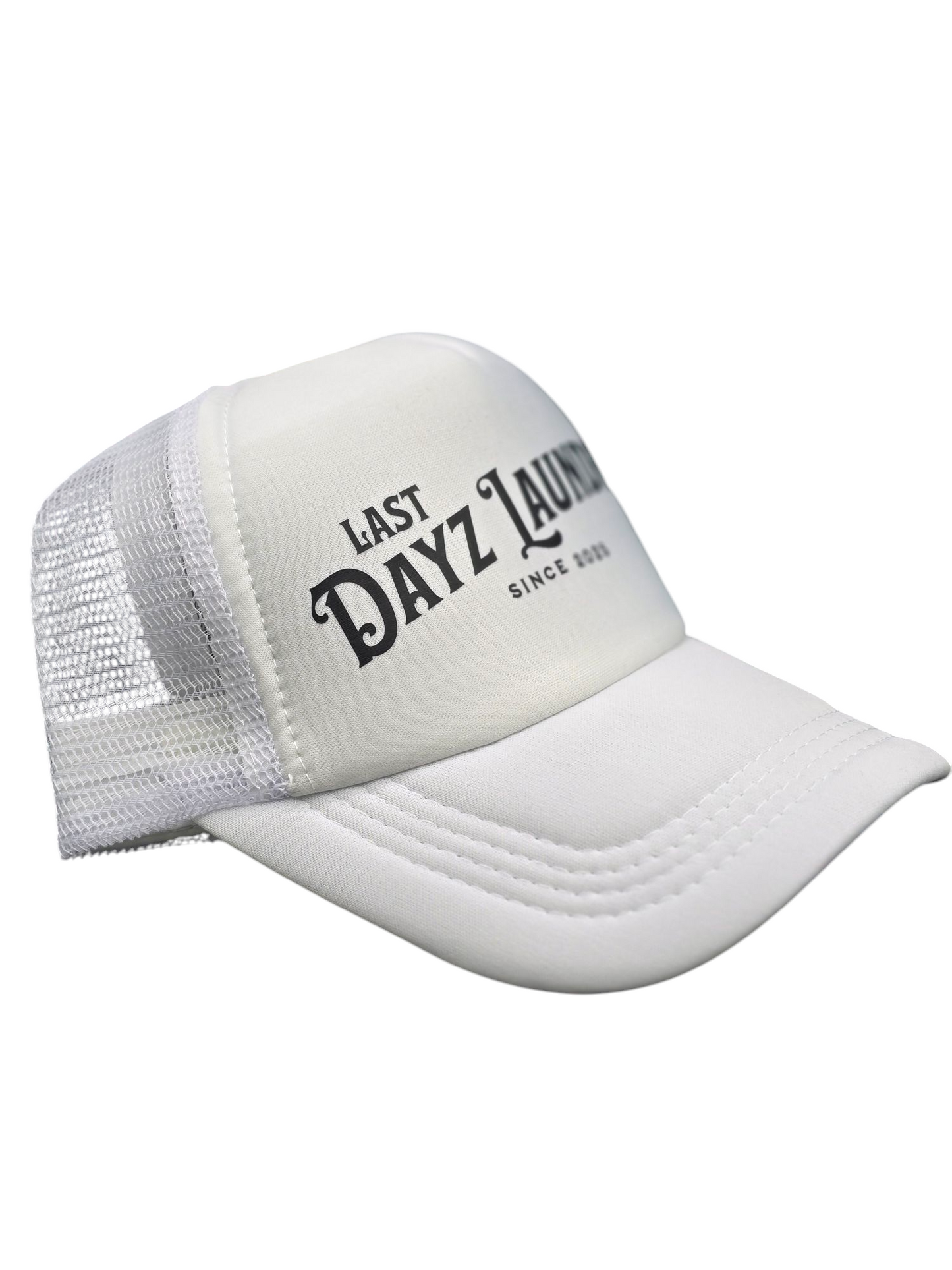 Last Dayz Laundry White Foam Trucker Hat with Black Lettering a Christian Clothing Brand