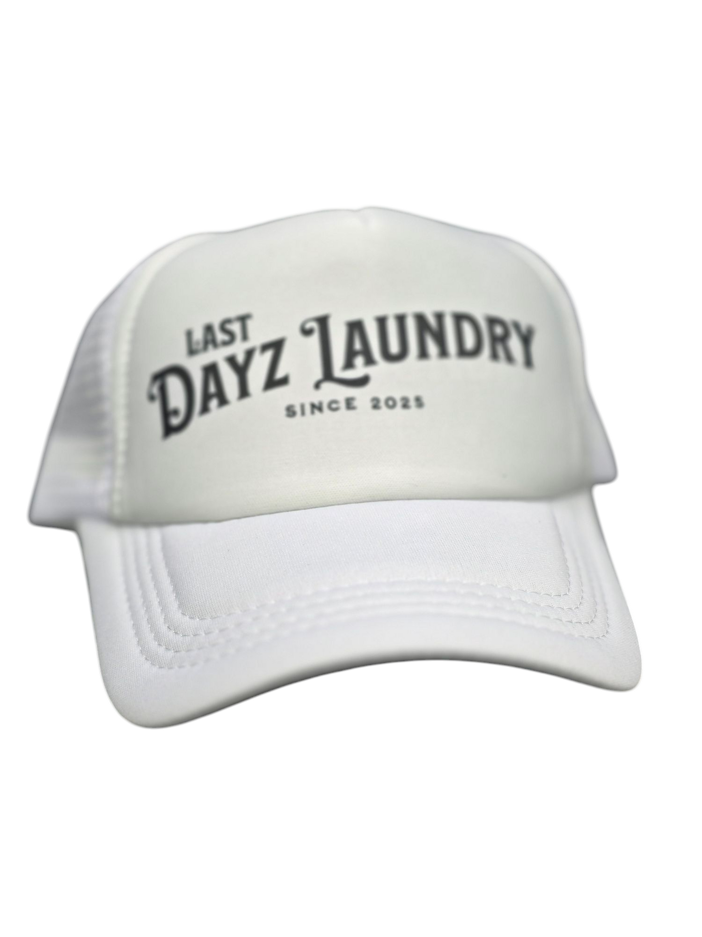 Last Dayz Laundry White Foam Trucker Hat with Black Lettering a Christian Clothing Brand