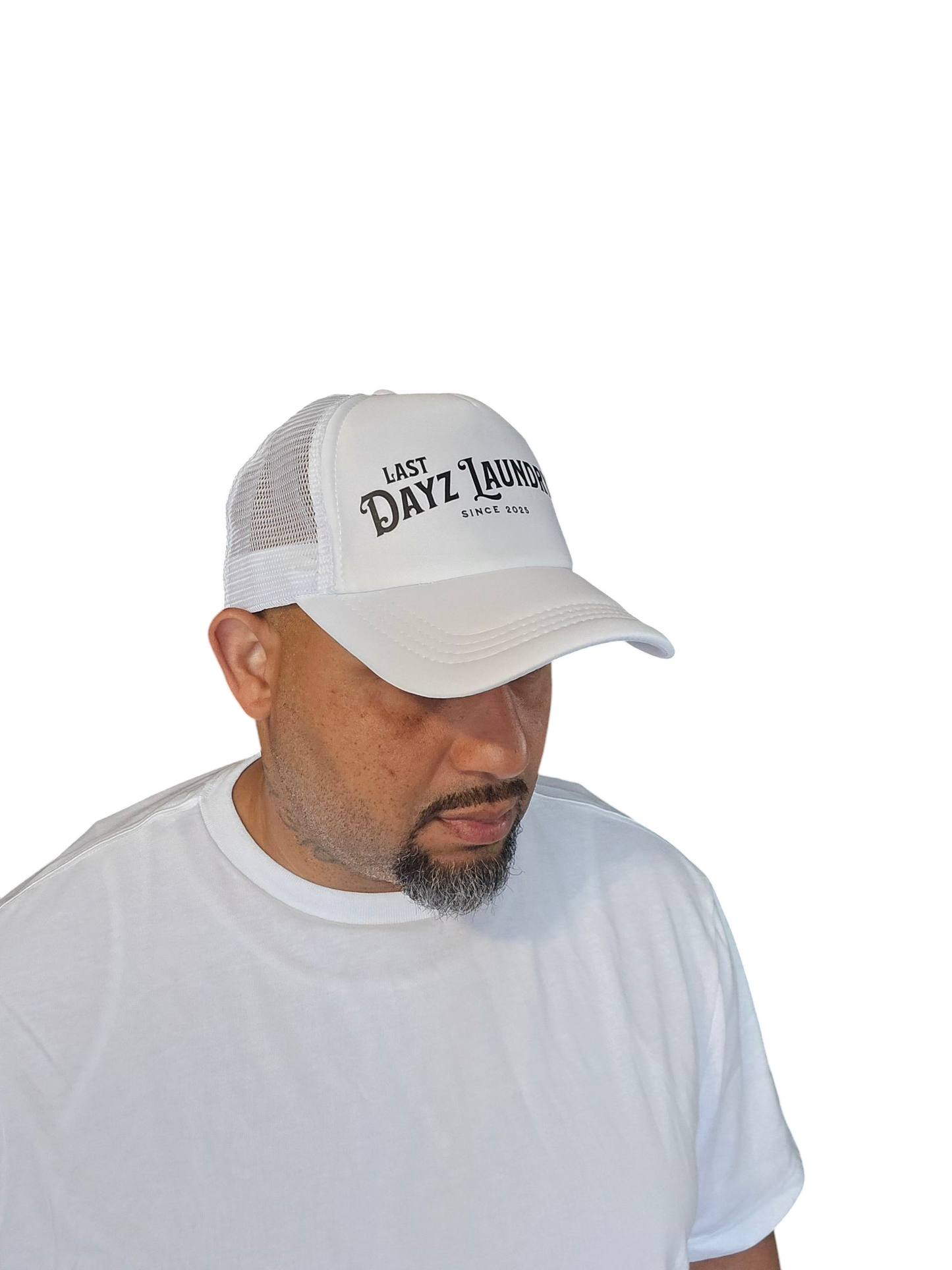 Last Dayz Laundry White Foam Trucker Hat with Black Lettering a Christian Clothing Brand
