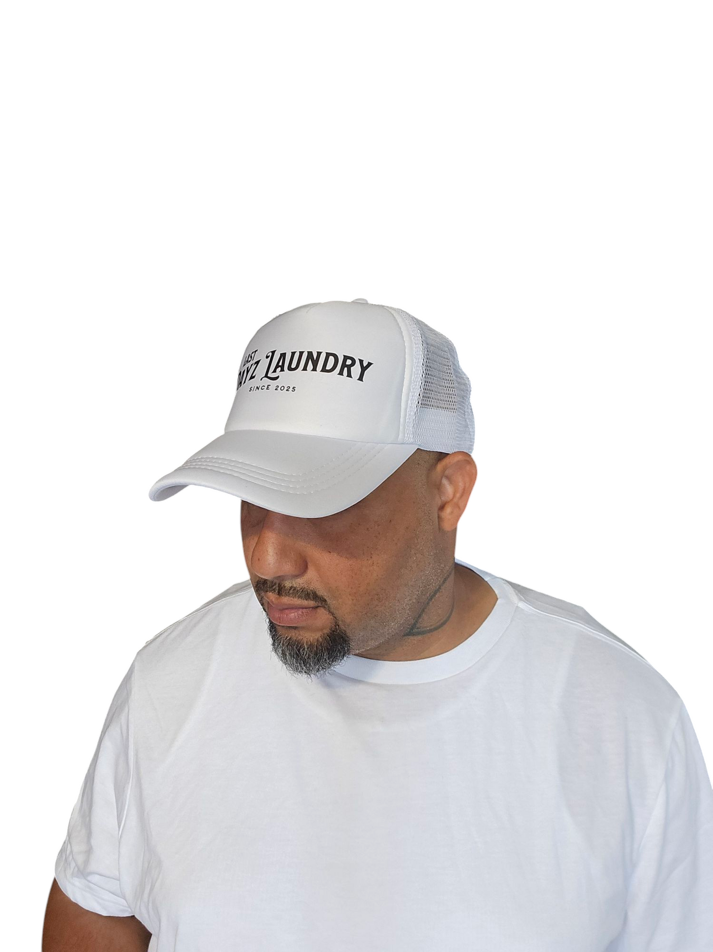 Last Dayz Laundry White Foam Trucker Hat with Black Lettering a Christian Clothing Brand