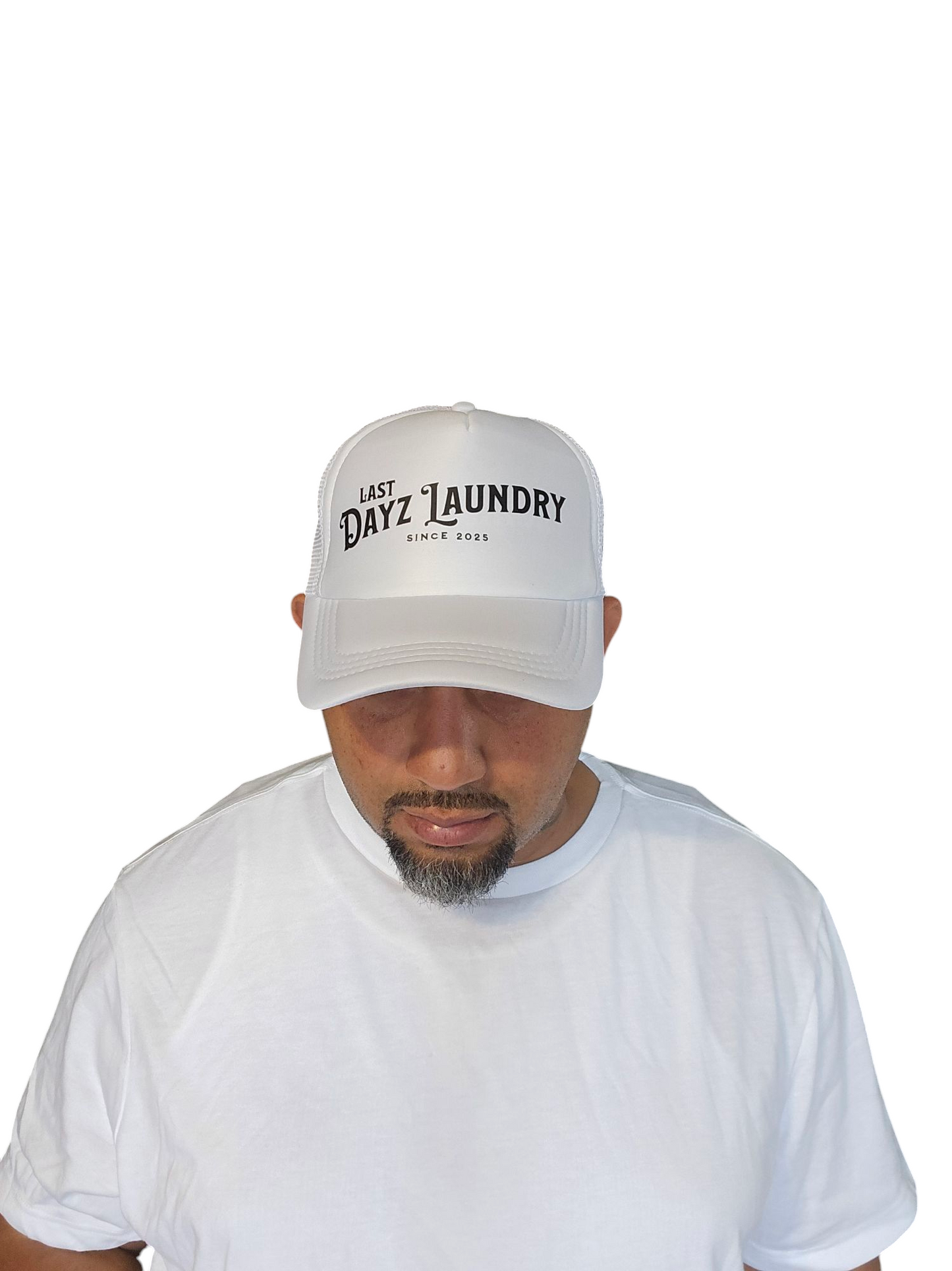 Last Dayz Laundry White Foam Trucker Hat with Black Lettering a Christian Clothing Brand