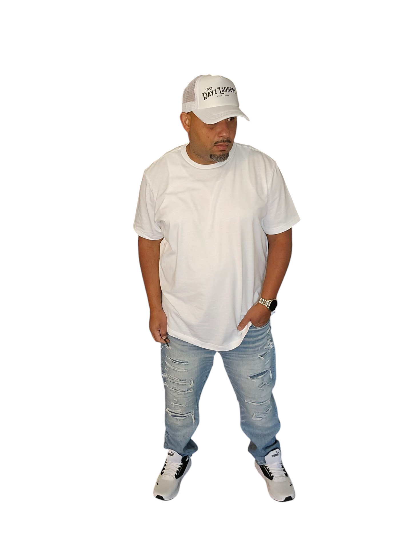 Last Dayz Laundry White Foam Trucker Hat with Black Lettering a Christian Clothing Brand