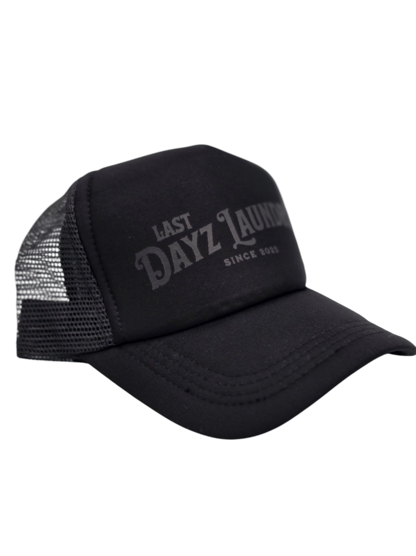 Black on Black Last Dayz Laundry Trucker Foam Snapback Hat a Christian Clothing Brand